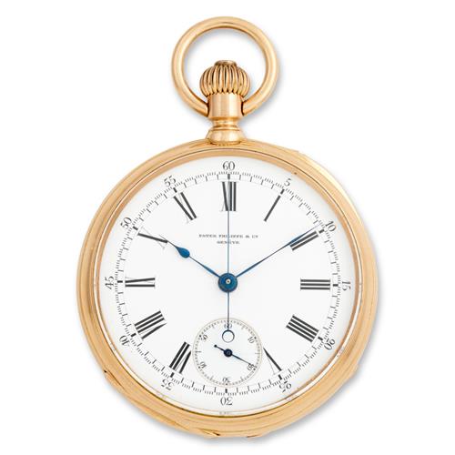 PATEK PHILIPPE AN 18CT GOLD OPENFACE CHRONOGRAPH WATCH RETAILED BY C. FREDENHAGEN BUENOS AIRES, CIRCA 1910
