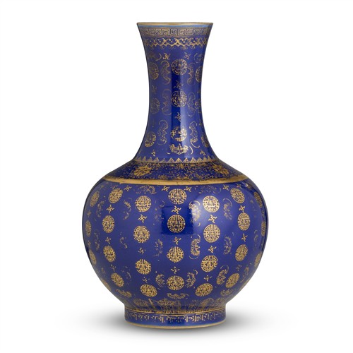 27 · A CHINESE GILT-DECORATED BLUE-GROUND BOTTLE VASE, GUANGXU SIX-CHARACTER MARK AND OF THE PERIOD (1875-1908)