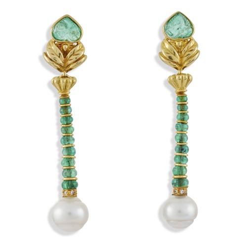 223 · TONY WHITE PAIR OF EMERALD, SOUTH SEA PEARL AND DIAMOND EARRINGS, CIRCA 1991 Property of a Private New South Wales Collector