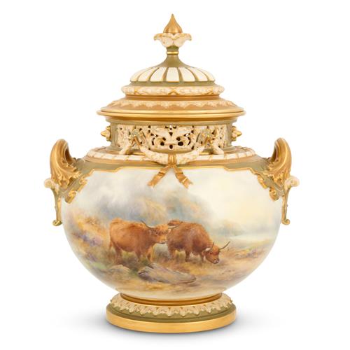 A Large Royal Worcester Porcelain Pot Pourri Vase Decorated By John Stinton, Jnr Shape 1428, Date Cipher For 1913