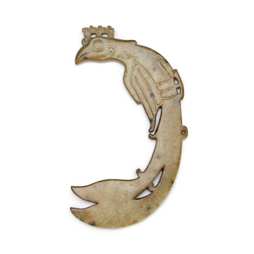 A Chinese Motted Jade Pheonix Pendant, Shijiahe Style