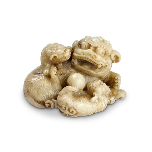 A Chinese White Soapstone Carving Of Lions, Signature Of Feng Jiuhe (1928 - 2022)