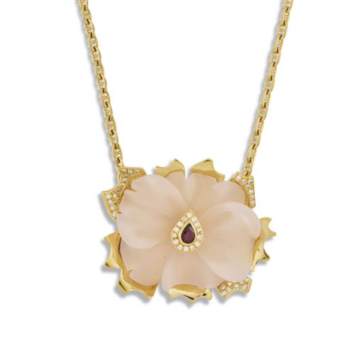 211 · ROBERT CLERC ROSE QUARTZ, RUBY AND DIAMOND 'WILD ROSE' PENDANT, CIRCA 1995 Property of a Private New South Wales Collector