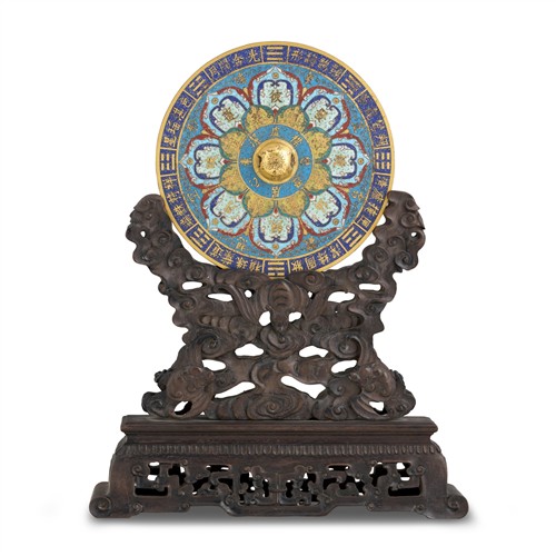 A CHINESE CLOISONNE ENAMEL MIRROR AND A ZITAN STAND, QIANLONG MARK, QING DYNASTY (1644 - 1911)
