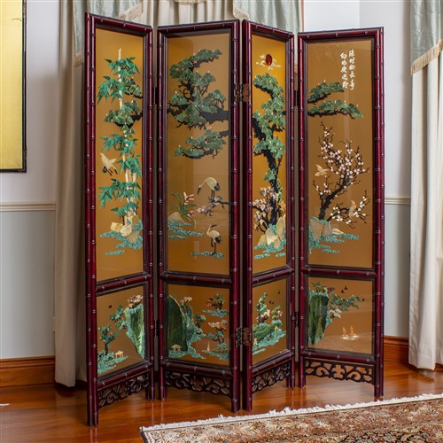 6 · A FOUR PANEL SCREEN WITH HARDSTONE INLAY