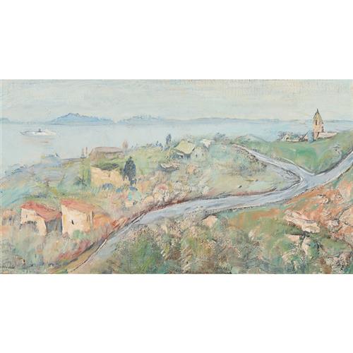 LLOYD REES (1895-1998) The River Derwent from the Heights of Sandy Bay, Tasmania c.1967 oil on canvas on composition board 37 x 68cm