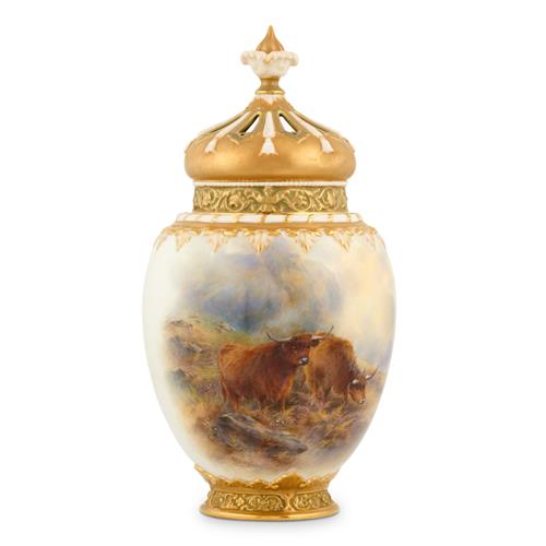 A Large Royal Worcester Porcelain Pot Pourri Vase Decorated By John Stinton, Jnr Shape 2048, Date Cipher For 1915