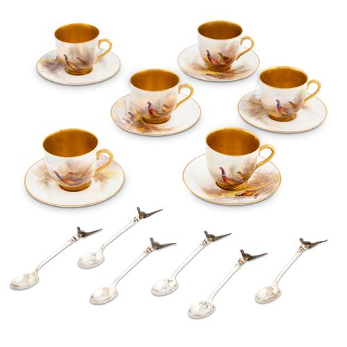 A Cased Set Of Six Royal Worcester Porcelain Demitasse Decorated By James Stinton, With Original Sterling Silver Spoons Date Ciphers