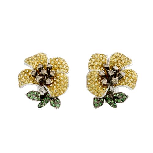 Pair Of 18ct White Gold, Yellow Sapphire, Diamond And Tsavorite Garnet Earrings