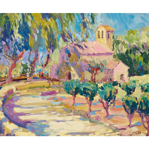JEFFREY PRATT (British, born 1940) Church at Vaugines oil on board 49 x 59cm (66 x 76cm framed)