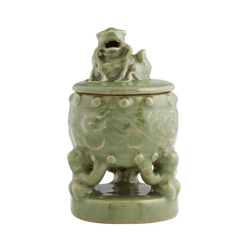 62 · A CHINESE CELADON MOULED CENSER AND COVER