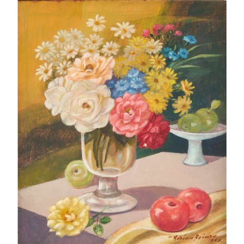 ADRIAN FEINT (1894-1971) Flowers in a Glass with Apples 1969 oil on panel 13.5 x 11.5cm (28 x 26cm framed)