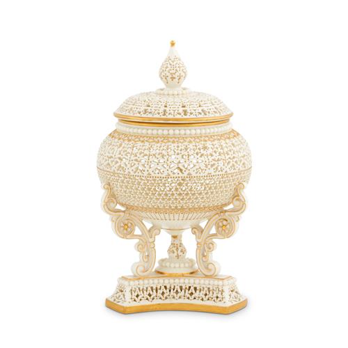 A Royal Worcester Porcelain Reticulated Pot Pourri Vase By George Owen Shape 1429, Date Cipher For 1919
