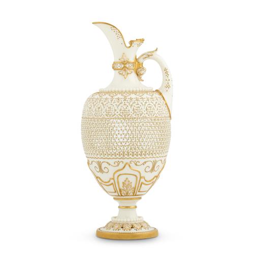 A Royal Worcester Porcelain Reticulated Ewer By George Owen Shape 1581, Date Cipher For 1919