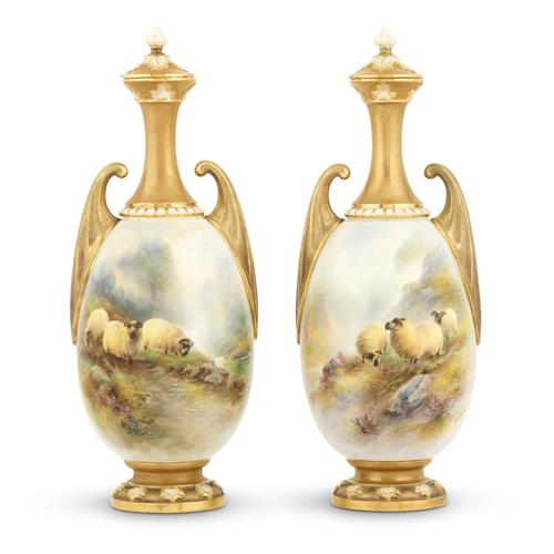 A Pair Of Royal Worcester Porcelain Covered Vases Decorated By Harry Davis Shape 2307, Date Ciphers For 1913 And 1914