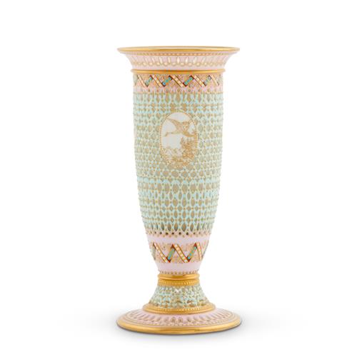 A ROYAL WORCESTER PORCELAIN DOUBLE-WALLED RETICULATED VASE BY GEORGE OWEN Date cipher for 1879, gilding by Josiah Davis