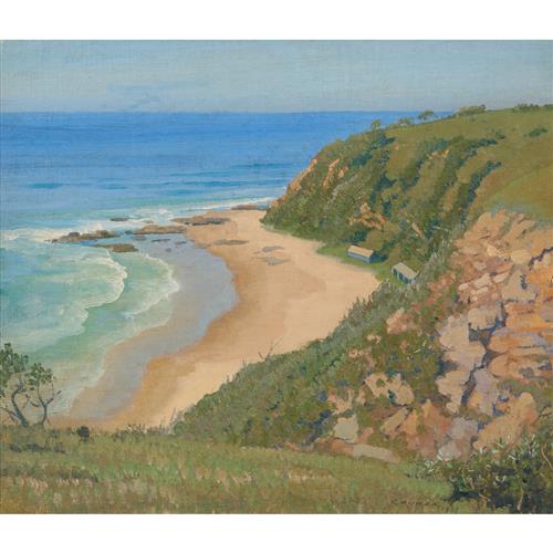 ELIOTH GRUNER (1882-1939) Nambucca Beach 1933 oil on canvas on board in original Frederick Holdsworth frame (label verso) 36.5 x 43cm