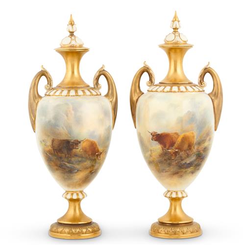 A Matched Pair Of Royal Worcester Porcelain Covered Vases Decorated By John Stinton, Jnr Shape H313, Date Ciphers For 1926 And 1931