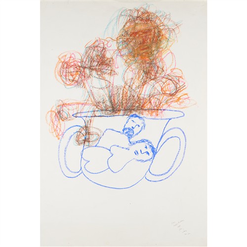 86 · SIDNEY NOLAN (1917-1992) (Double-handled Cup with design of Lovers) 1987 crayon on paper 112 x 75cm