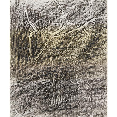 62 · SIDNEY NOLAN (1917-1992) Ram in Flood 1958 crayon rubbing and mixed media on paper 30.5 x 25.5cm