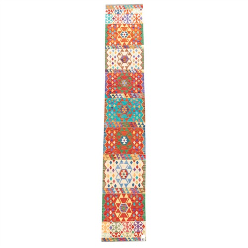 62 · A NEW CAUCASIAN DESIGN AFGHAN KAZAK KILIM RUNNER (516L X 81W CM)