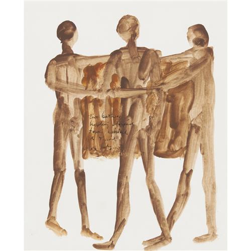 65 · SIDNEY NOLAN (1917-1992) Two bathers holding striped towel behind a third 1954 mixed media on paper 30.5 x 25.5cm