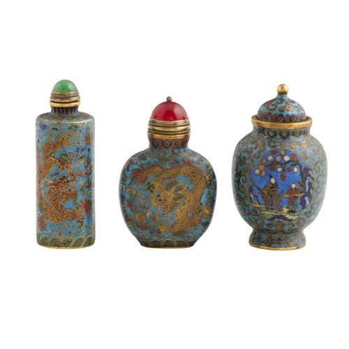 THREE CLOISONNE SNUFF BOTTLES, QIANLONG MARK, QING DYNASTY (1644 - 1911)
