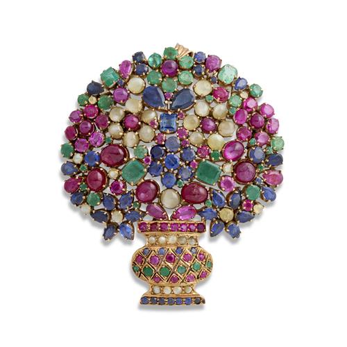 88 · 9CT ROSE GOLD AND MULTI-GEM GIARDINETTO BROOCH/PENDANT