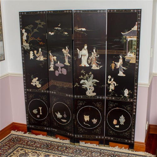 30 · A FOUR PANELLED LACQUER & HARDSTONE SCREEN
