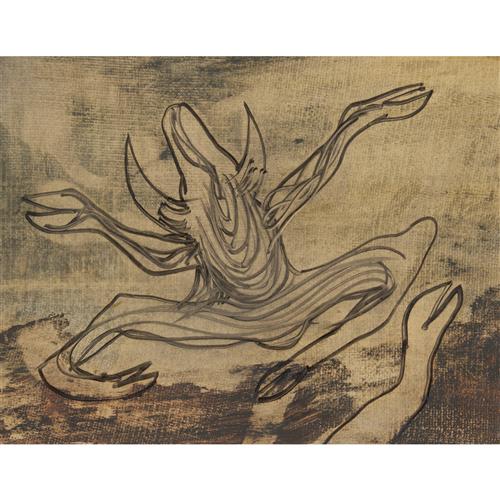 69 · SIDNEY NOLAN (1917-1992) (Drought carcass) c.1953 mixed media on paper 25 x 32.5cm