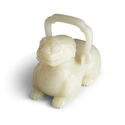 86 · A RARE AND FINE CHINESE WHITE JADE RECUMBENT MYTHICAL BEAST FORMED HANDLED VESSEL, YOU, QIANLONG MARK AND OF THE PERIOD (1735 - 1796)