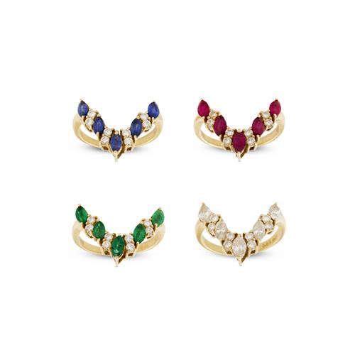 90 · SUITE OF FOUR 18CT GOLD, DIAMOND AND MULTI-GEM RINGS