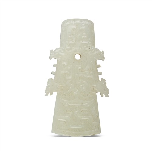 A CHINESE ARCHAISTIC WHITE JADE AXE FORM PENDANT, QING DYNASTY, 18TH/19TH CENTURY