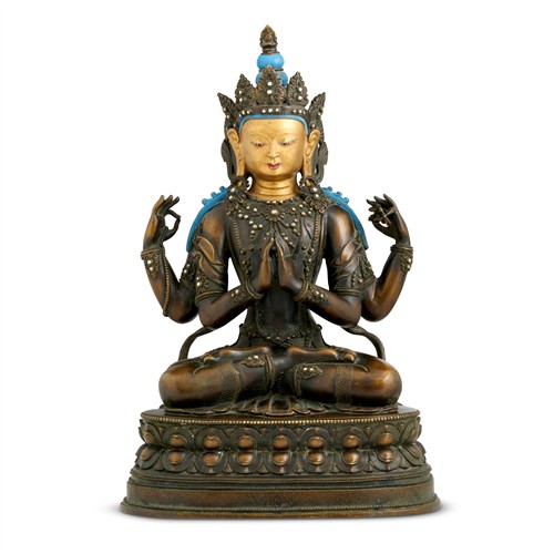 49 · A LARGE AND FINE TIBETAN BRONZE AND SILVER INLAID SEATED FOUR-ARMED VAJRAPANI, 18TH CENTURY