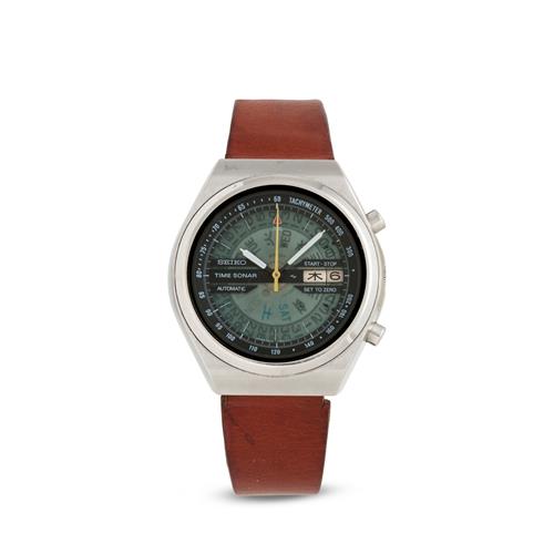Seiko Ref 7015-6010 A Time Sonar Flyback Chronograph Wrist Watch With Day And Date Display In Japanese Circa 1969