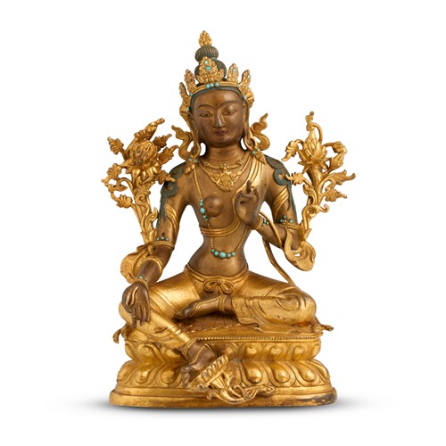57 · A LARGE AND FINE TIBETAN GILT-BRONZE SEATED FIGURE OF GREEN TARA, 18TH CENTURY