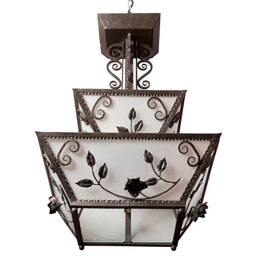 AN ART DECO-STYLE WROUGHT IRON AND FROSTED GLASS PENDANT LANTERN Please see important information below regarding collection of lots...