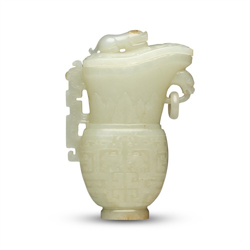 84 · A FINE CHINESE WHITE JADE ARCHAISTIC POURING VESSEL AND COVER, GONG, MID-QING DYNASTY, 18TH CENTURY