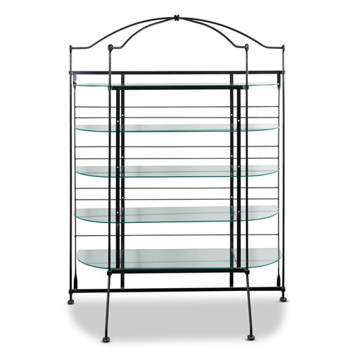 14 · A BLACK-PAINTED WROUGHT IRON ETAGERE, WITH GLASS SHELVES Probably mid-20th century Please see important information below regarding...