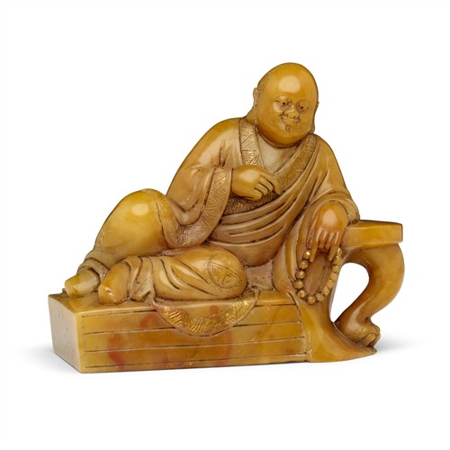 A Chinese Yellow Soapstone Carved Figure Of Luohan