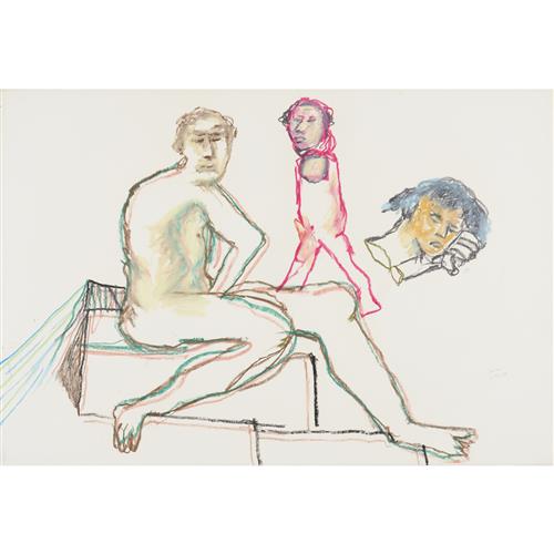85 · SIDNEY NOLAN (1917-1992) (Seated man, walking figure) 1978 crayon on paper 72 x 103 cm