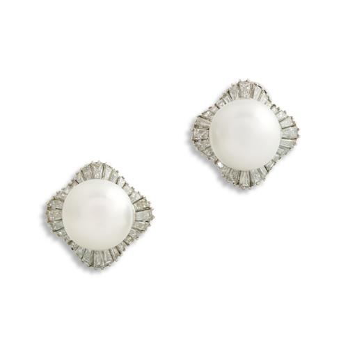 Pair Of 18ct White Gold, Diamond And South Sea Pearl Earrings