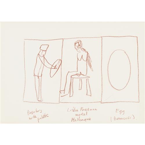 87 · SIDNEY NOLAN (1917-1992) (Artist, model and sculpture) c.1986 crayon on paper 30 x 42 cm