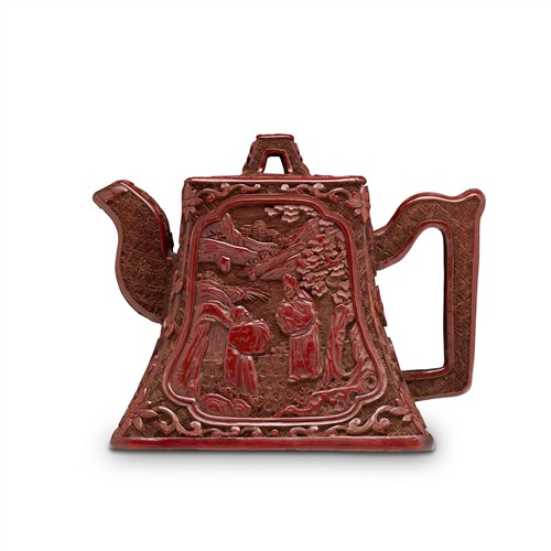 A VERY RARE AND FINE CHINESE CINNABAR LACQUERED YIXING TEAPOT, MID-QING DYNASTY, 18TH CENTURY