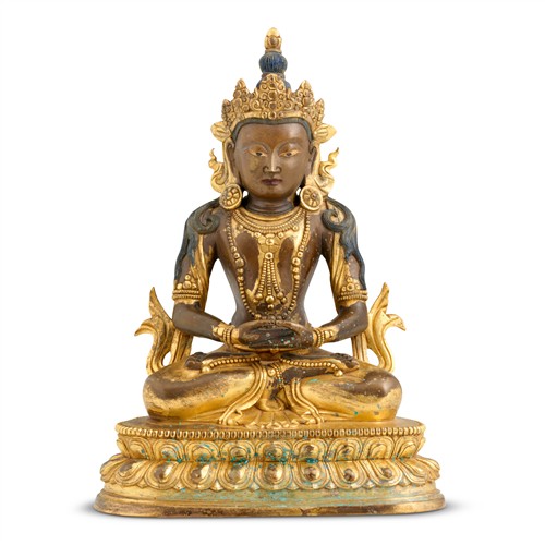 46 · A SINO-TIBETAN GILT-BRONZE SEATED FIGURE OF AMITAYUS, QIANLONG SEVEN-CHARACTER INSCRIBED MARK AND OF THE PERIOD (1736 - 1795)