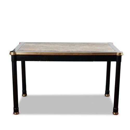 20 · A MODERN BRASS-MOUNTED BLACK-PAINTED WOOD SIDE TABLE, THE TOP WITH AN INSERTED VAREGIATED GREY MARBLE SLAB 1980s Please see importan...