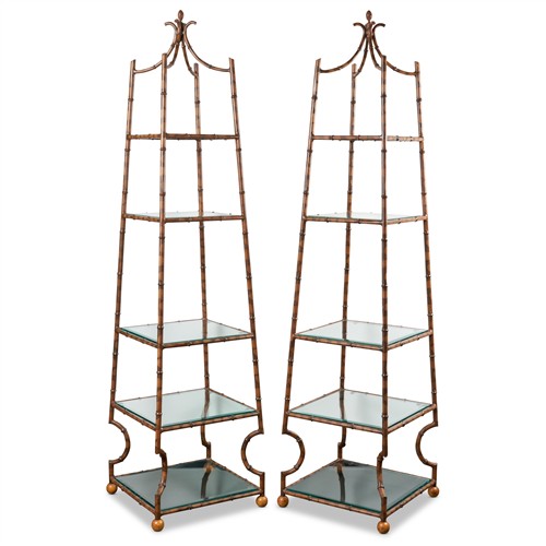 30 · A PAIR OF WROUGHT IRON ETAGERE OF OBELISK SHAPE Second half 20th century Please see important information below regarding collection...
