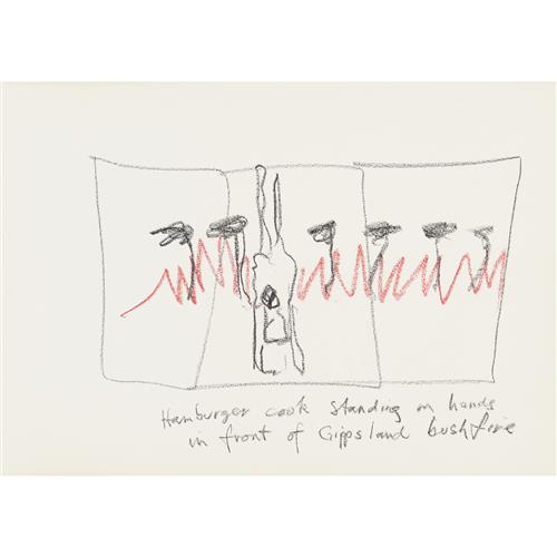 95 · SIDNEY NOLAN (1917-1992) (Gippsland bushfire) c.1986 mixed media on paper 30 x 42 cm