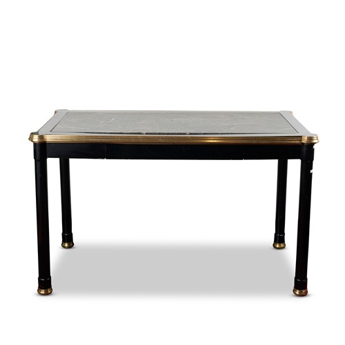 41 · A MODERN BRASS-MOUNTED BLACK-PAINTED WOOD SIDE TABLE, THE TOP WITH AN INSERTED VEINED GREY MARBLE SLAB 1980s Please see important in...