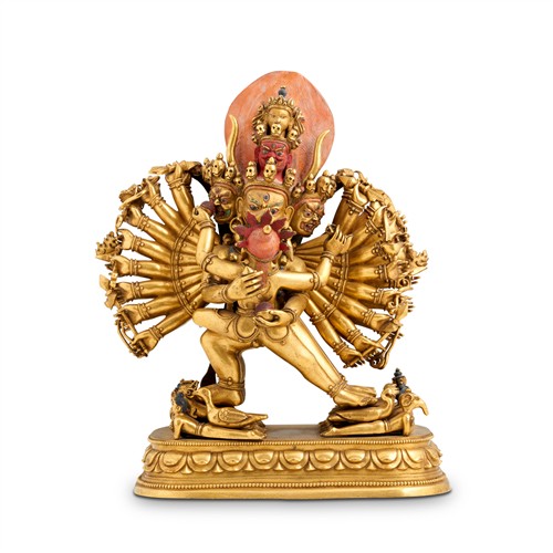 64 · A FINE AND LARGE TIBETAN GILT-BRONZE FIGURE OF YAMANTAKA AND VAJRAVETALI, 18TH CENTURY